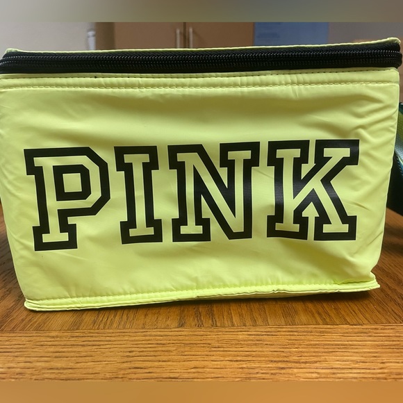 PINK Victoria’s Secret Neon Yellow Insulated Cooler with Foam Dog Keychain - Picture 2 of 4